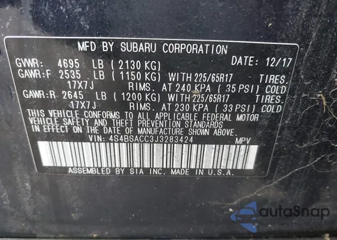 2018 Subaru Outback 2.5I Premium из США, поврежденный, VIN 4S4BSACC3J3283424